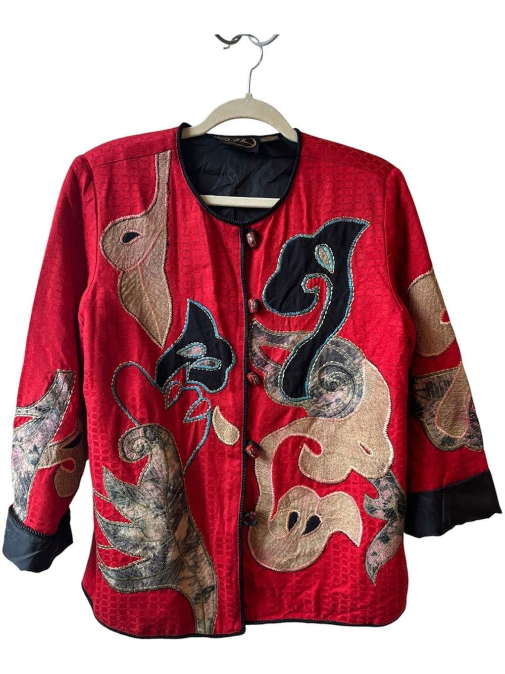 Small Alex Kim Asian Red Embroidered Statement Blazer Vintage Patchwork Kimono